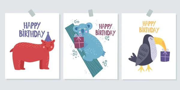 生日快乐贺卡套装 带熊的可爱卡片 有考拉的漂亮卡片用非洲鸟做的漂亮卡片 白色背景上的矢量说明 — 图库矢量图片