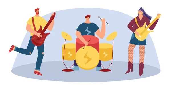 Los Músicos Tocan Instrumentos Musicales Música Rock Mujer Joven Hombre — Vector de stock