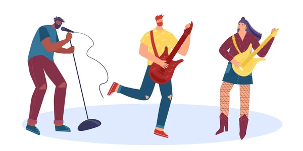 Gente Toca Instrumentos Musicales Música Rock Hombre Mujer Tocando Guitarras — Vector de stock