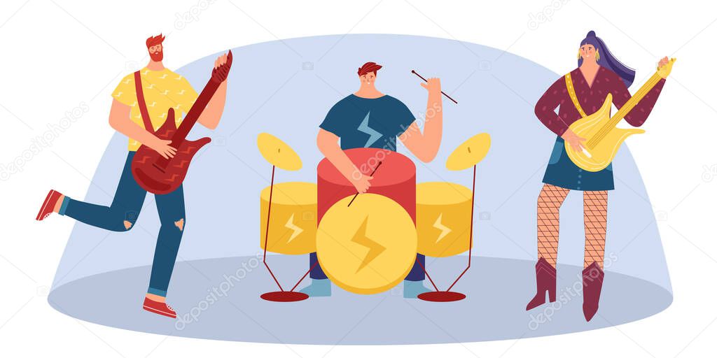 Musicians play musical instruments of rock music. Young woman and man with a guitar. The man behind the drums. Vector illustration