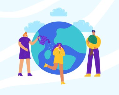 İnsanlar Dünya Günü için hazırlanıyor. Ekolojik poster. Gezegeni kurtar. Vektör illüstrasyonu.