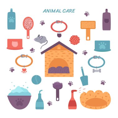 Köpek ve kedi besleme aletleri koleksiyonu. Beyaz arkaplanda vektör illüstrasyonu