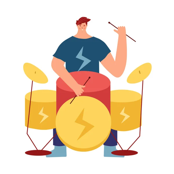 Tocar Instrumento Musical Hombre Toca Música Rock Batería Ilustración Vectorial — Vector de stock