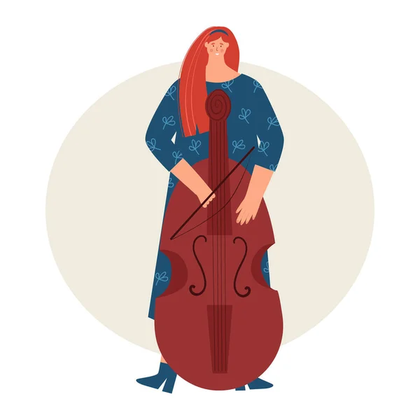 Mujer Joven Tocando Contrabajo Vector Ilustración — Vector de stock