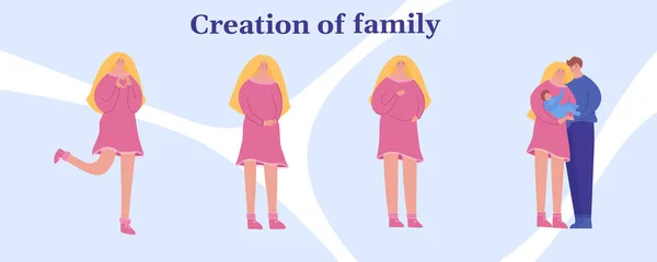 Creation Family Three Stages Pregnancy Young Family Baby Vector Illustration — Stock Vector