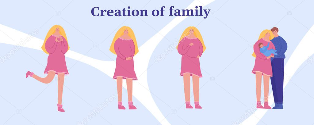 Creation of a family. Three stages of pregnancy. Young family with a baby. Vector illustration.