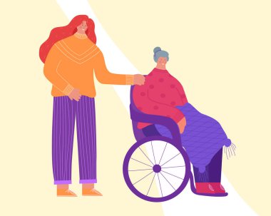 Kadın gönüllü yaşlı engelli birine yardım ediyor. Vektör illüstrasyonu.
