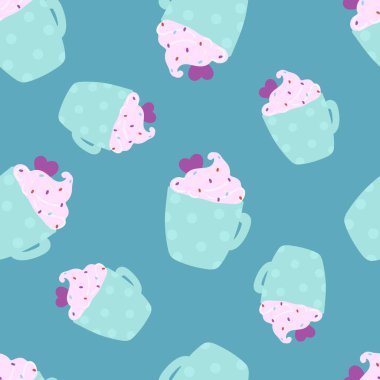 Mavi arka planda latte ile parlak bir desen. Vektör illüstrasyonu.