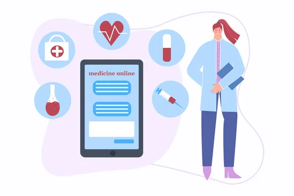 Conceptul Medicină Online Femeie Medic Sfătuiește Oamenii Telefon Ilustrație Vectorială — Vector de stoc