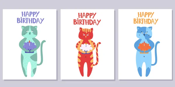 Zestaw Kartek Życzeniami Wszystkiego Najlepszego Słodkie Koty Ciastem Ilustracja Wektora — Wektor stockowy