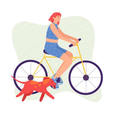 Kadın bisiklete biniyor. Onun yanında bir köpek koşuyor. Çizgi film tarzında vektör illüstrasyonu.