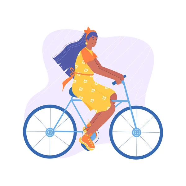 Een Leuke Vrouw Een Gele Jurk Fietst Vector Illustratie Cartoon — Stockvector