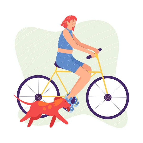 那个女人正在骑自行车 一条狗在她旁边跑 卡通风格的矢量图解 — 图库矢量图片