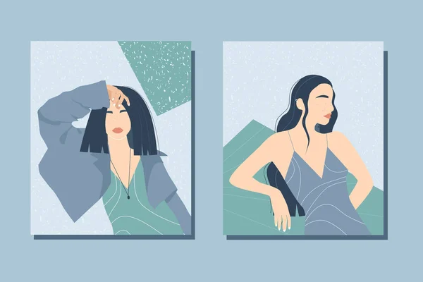 Kadınların olduğu moda posterler. Çağdaş sanat. Tarz sahibi kadın formları. Vektör illüstrasyonu