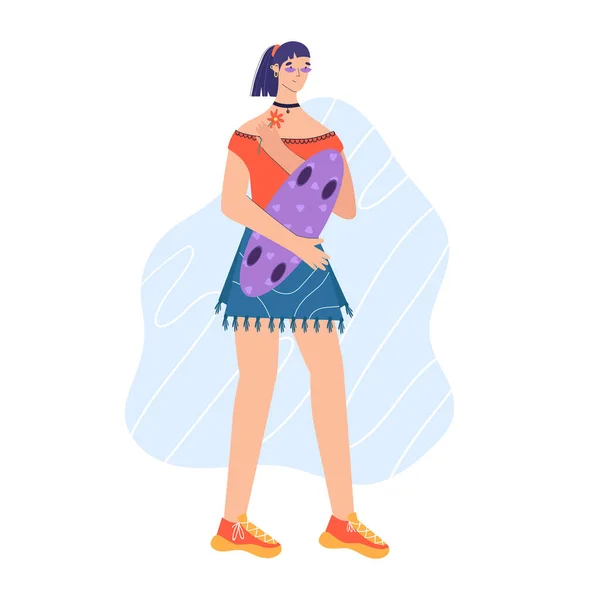 Modieuze Vrouw Met Een Skateboard Vector Illustratie Cartoon Stijl — Stockvector