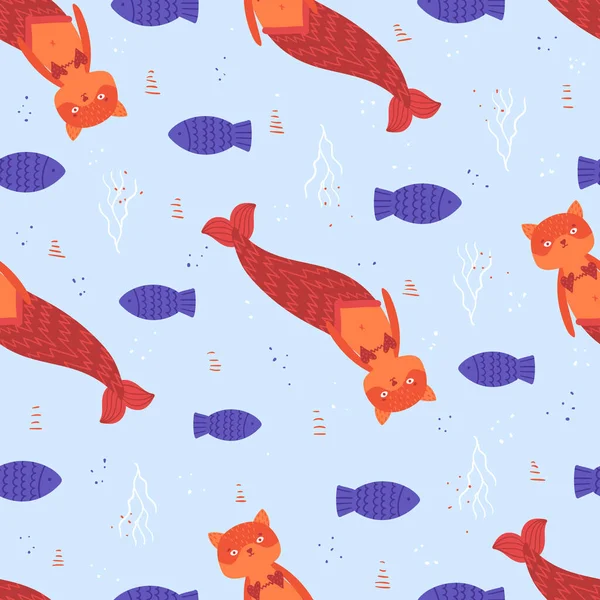 Seamless pattern with cute cat mermaids and fish on blue background. Vector illustration