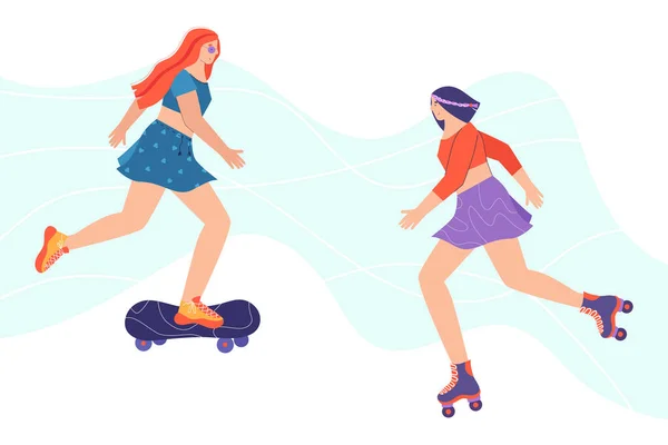 Bersenang Senang Wanita Itu Adalah Rollerblading Wanita Itu Naik Skateboard - Stok Vektor