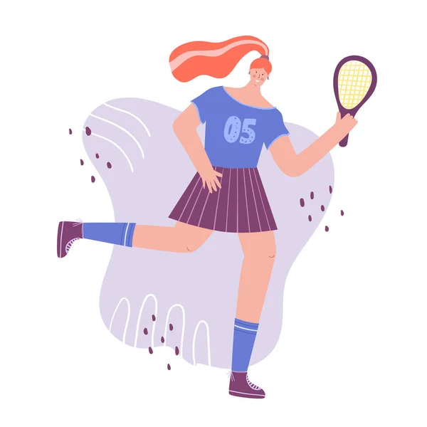 一个穿着运动服的女人拿着球拍打网球 矢量说明 — 图库矢量图片