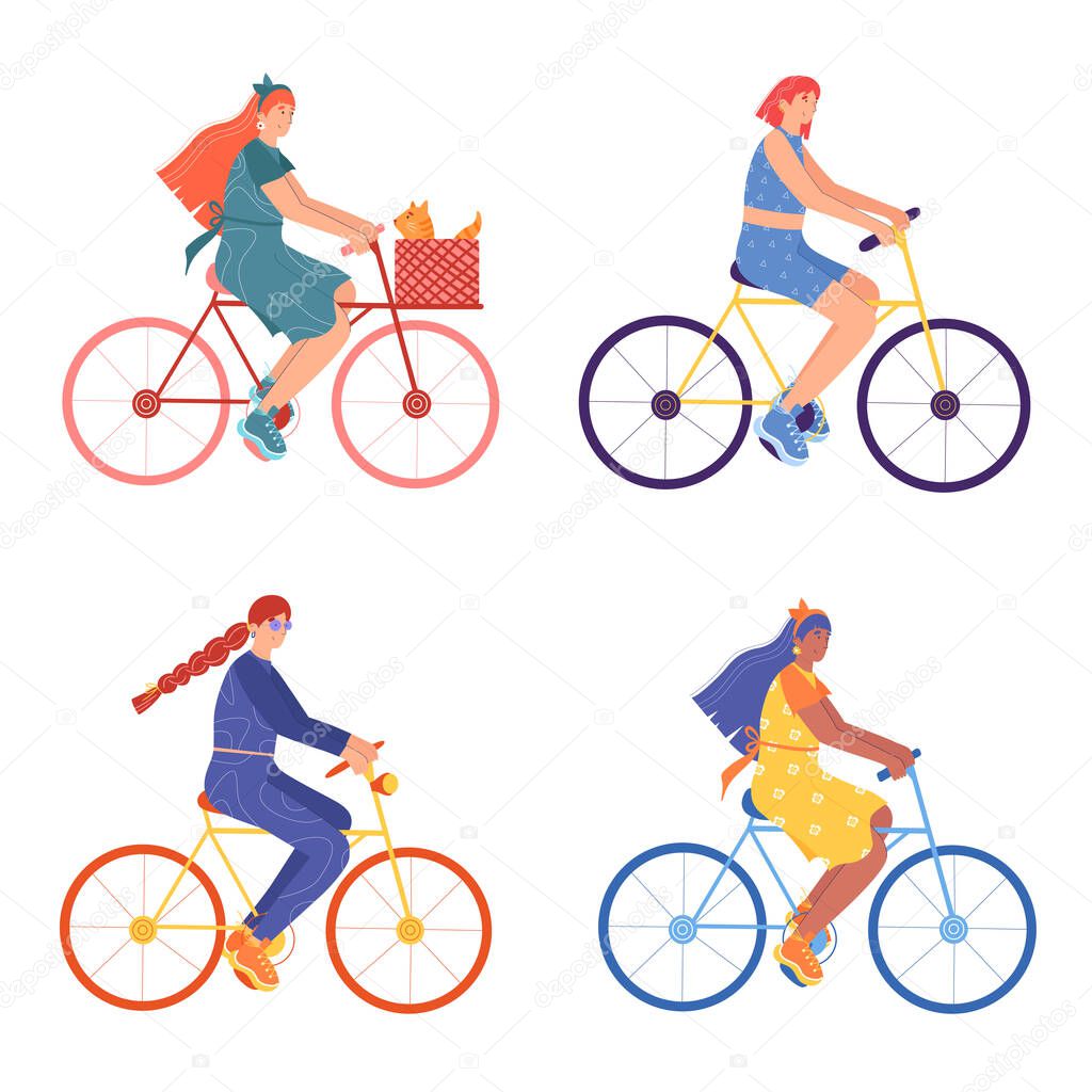 Set of different women on bicycles. Young women ride bicycles. Cartoon style. Vector illustration isolated on white background.