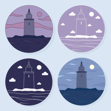Bir dizi vektör çizimleri. Çemberde deniz feneri olan deniz pelerini. Logo ve reklam için..