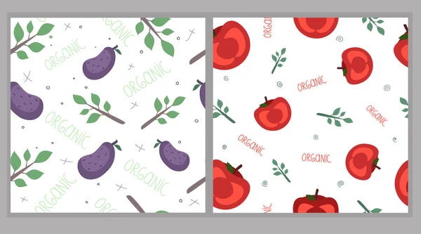 Conjunto Padrões Com Legumes Ilustração Vetorial Com Berinjela Tomate —  Vetores de Stock