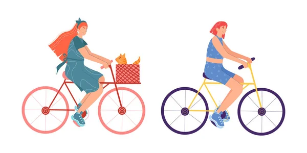 Een Stel Jonge Vrouwen Die Fietsen Cartoon Stijl Vector Illustratie — Stockvector