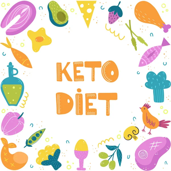 Keto diyet konsepti. Yağlı ve proteinli gıdalar. İçinde farklı ürünler olan bir poster. Vektör illüstrasyonu beyaz arkaplanda izole edildi.