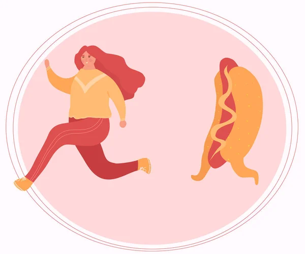 Een Mollige Vrouw Vlucht Voor Een Hotdog Een Vrouw Wil — Stockvector