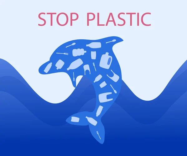 Cartel Ecológico Detén Plástico Delfín Está Lleno Plástico Ilustración Vectorial — Archivo Imágenes Vectoriales