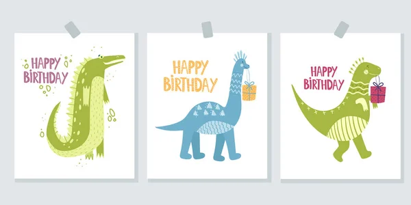 一套白色背景的可爱贺卡 生日快乐Happy Birthday Day 有恐龙和鳄鱼的明信片 用卡通风格的矢量图解 — 图库矢量图片