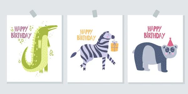 三片生日快乐贺卡一套 用鳄鱼做的贺卡带熊猫的明信片有斑马的贺卡白色背景上的矢量图解 — 图库矢量图片