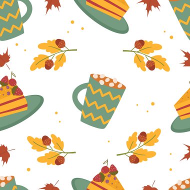 Sonbahar konsepti. Sonbahar pürüzsüz desen. Kapuçino, pasta, yapraklar. Çizgi film tarzı. Vektör illüstrasyonu beyaz arkaplanda izole edildi.