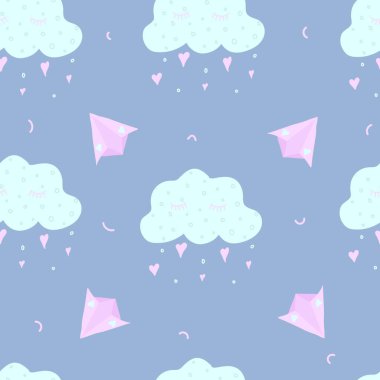 Mavi arkaplanda bulutları olan şirin bir desen. Güzel bir vektör çizimi..