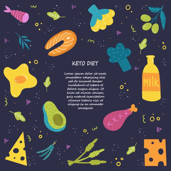 Dieta Keto Una Colección Alimentos Ricos Grasas Proteínas Dibujo Manual — Archivo Imágenes Vectoriales