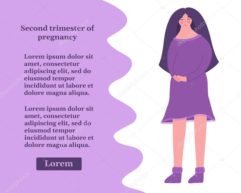 Second trimester of pregnancy. Happy woman expecting a baby. Vector illustration with place for your text.