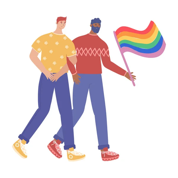 Lgbt konsepti. Birbirine aşık eşcinsel bir çift gurur yürüyüşüne katılıyor. Vektör illüstrasyonu beyaz arkaplanda izole edildi.