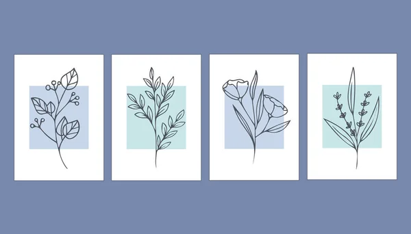 Bitkilerin olduğu soyut posterlerin koleksiyonu. Çağdaş sanat. Minimalizm. Vektör illüstrasyonu.