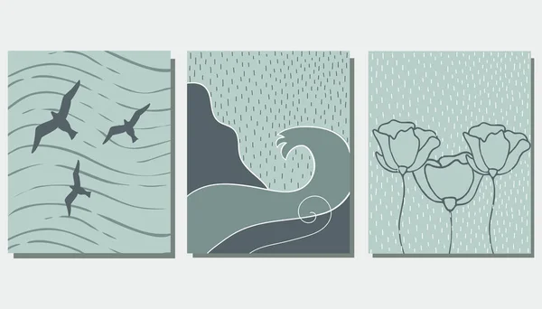 Набір Плакатів Пейзаж Море Птахи Квіти Сучасне Мистецтво Векторні Ілюстрації — стоковий вектор