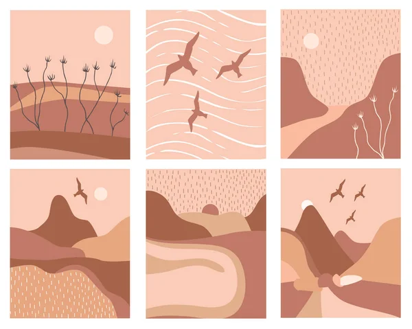 Collection Belles Affiches Abstraites Montagnes Coucher Soleil Paysage Oiseaux Art — Image vectorielle