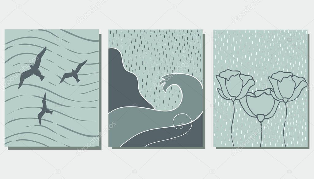 A set of posters. Landscape, sea, birds, flowers. Modern Art. Vector illustration.