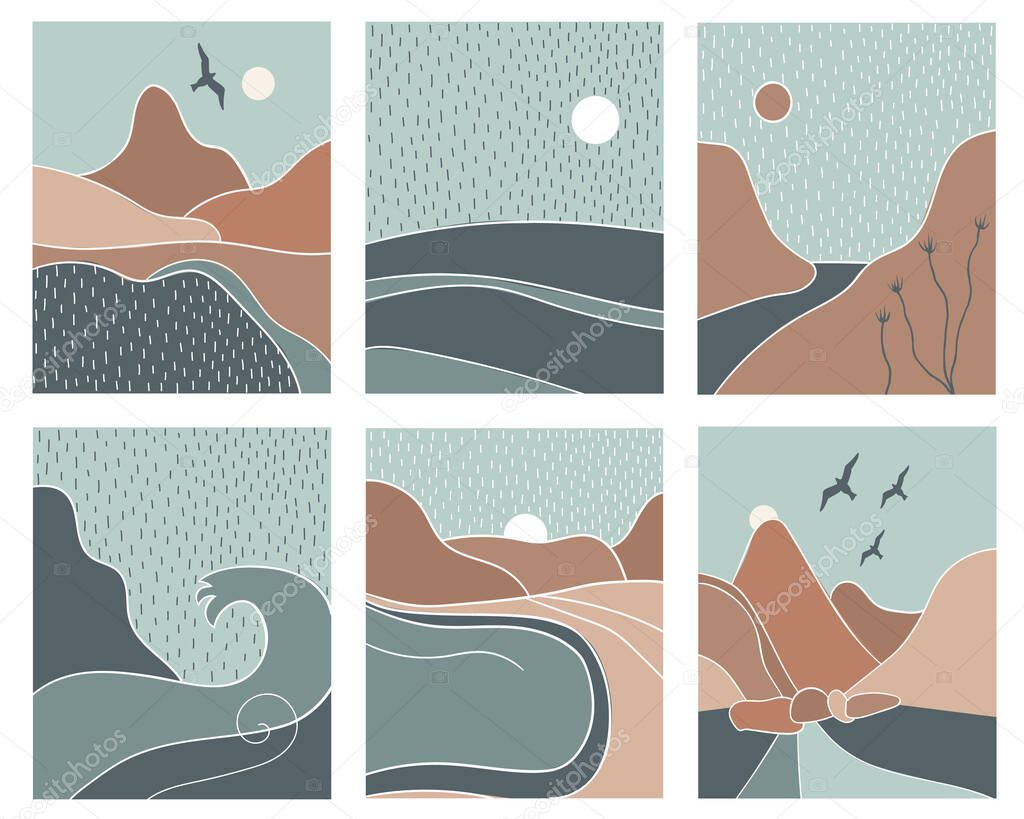 Landscape posters set. Modern Art. Abstraction, minimalism. Mountains, sea, moon, birds. Vector illustration.