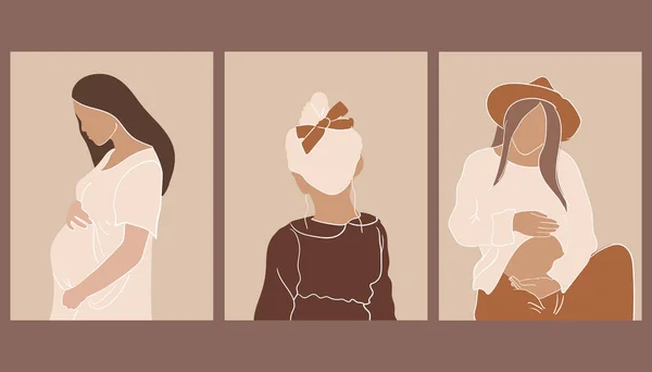 Набор Минималистичных Плакатов Беременной Женщиной Ребенком Современное Искусство Пастельных Тонах — стоковый вектор