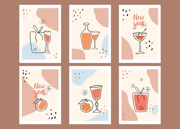 Poster ve kartpostal koleksiyonu. Yeni yıl. Hayat, hediye, mandalina. Modern sanat. Pastel renklerde vektör illüstrasyonu.