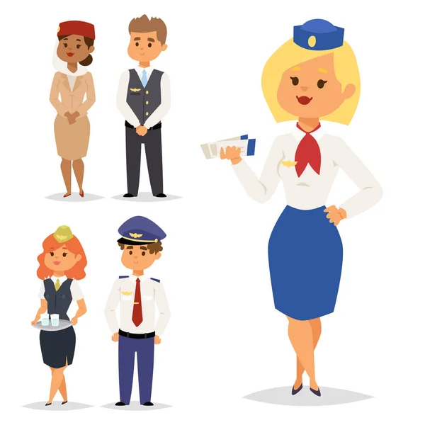 Piloten und Stewardess Vektor Illustration Fluggesellschaft Charakter Flugzeug Personal Stewardess Flugbegleiter Menschen Befehl. — Stockvektor
