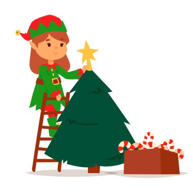 Noel Baba elf çocuklar çizgi film elf yardımcıları christmas illüstrasyon çocuk elfler karakterler geleneksel kostüm vektör