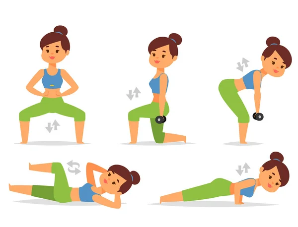 Woman home workout vector exercising at home fitness character training coaching healthy living and diet concept illustration. — Stock Vector