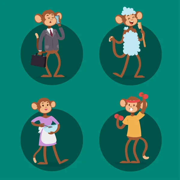Małpy rzadkich zwierząt wektor kreskówka Makak jak ludzie natura prymas charakter dziki zoo ape szympans ilustracja. — Wektor stockowy