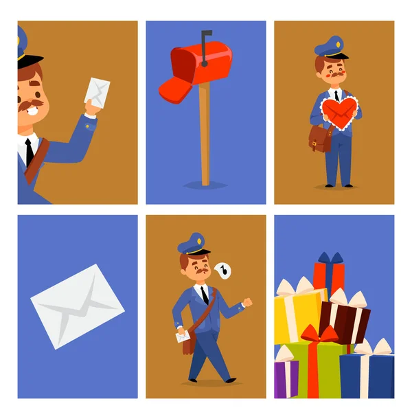 Postman delivery man character vector cards courier occupation carrier package mail shipping deliver professional people with envelope. — Stock Vector
