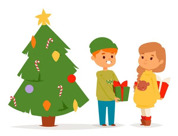 Navidad niños vector personaje jugando juegos de invierno invierno niños vacaciones árbol de Navidad dibujos animados año nuevo niño de Navidad — Vector de stock
