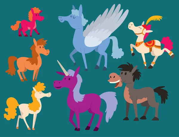 Cheval poney étalon vecteur races couleur ferme équestre mammifère domestique crinière zoo illustration de caractère . — Image vectorielle